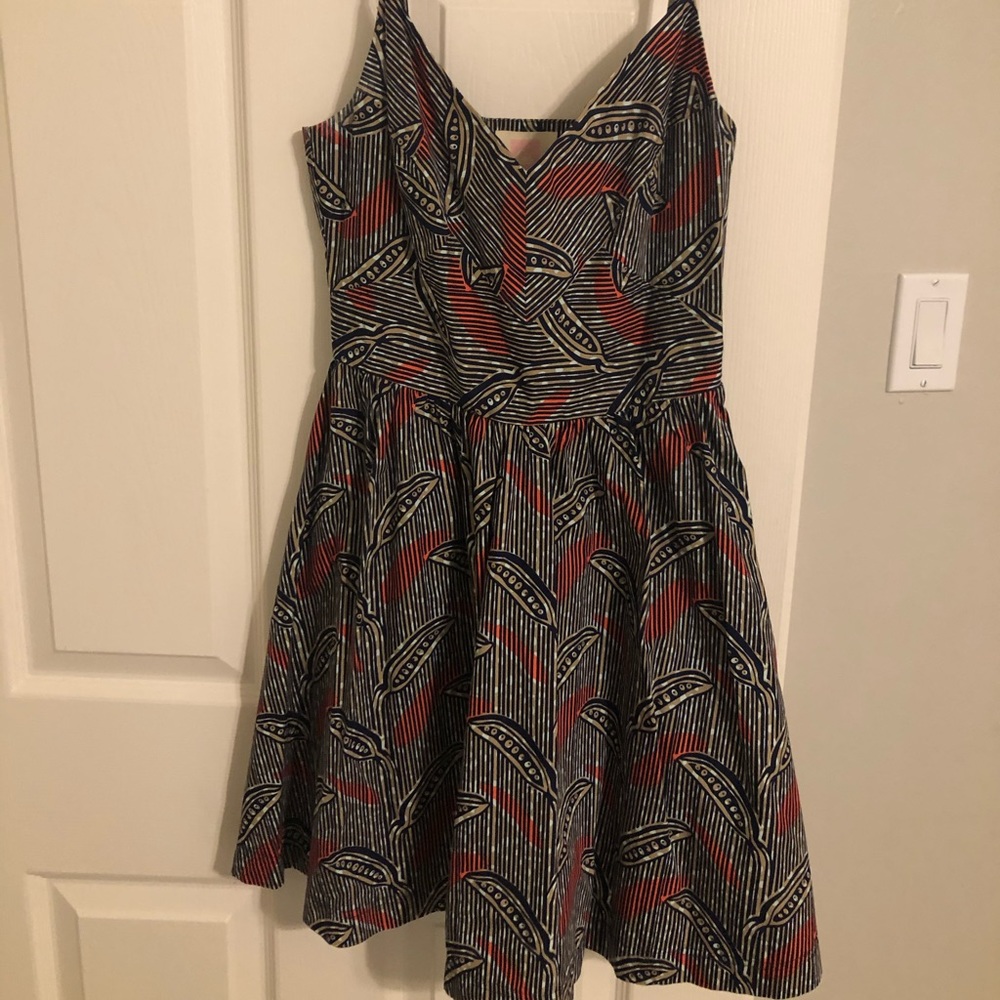 Navy blue and golden brown patterned dress